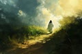 Painting of Jesus Christ walks down the road. Generative AI