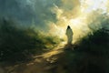 Painting of Jesus Christ walks down the road. Generative AI