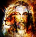 Painting of Jesus with a lion, on beautiful colorful background with hint of space feeling, lion profile portrait.