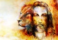 Painting of Jesus with a lion, on beautiful colorful background with hint of space feeling, lion profile portrait.