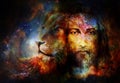 Painting of Jesus with a lion in cosimc space, eye contact and lion profile portrait. Royalty Free Stock Photo