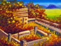 Painting Jewish religious holiday burning ruined castle illustration