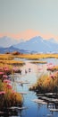 Marsh Painting With Pink Flowers And Mountains