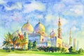 Painting Jumeirah Mosque. Hand drawn muslim sight. Watercolor arabian illustration