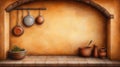 A painting of a kitchen with pots and pans hanging on the wall, AI Royalty Free Stock Photo
