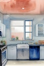 A Painting Of A Kitchen With A Sink And Stove. Generative AI