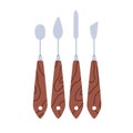 Painting knives, artists tools with metal steel blades and wood handle set. Art supplies of different shape for drawing