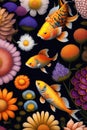 Illustration of Underwater Landscape of fishes swimming in fish tank with beautiful flowers garden. Generative Ai