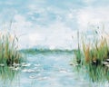 a painting of a lake with reeds and water lilies Royalty Free Stock Photo