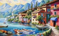 Lakeside village with charming houses and boats., painting