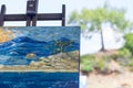 Painting of landscape done during sailing voyage at anchor on island, travel experience