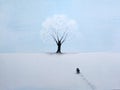 Painting landscape lonely man walking through snow to the great tree in winter season.