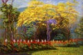 Painting landscape original oil color on canvas of tabebuia sp Royalty Free Stock Photo
