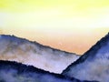 Painting landscape sunset or sunrise on the mountain fog with white birds flying in the sky. Royalty Free Stock Photo