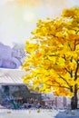 Painting landscape watercolor original colorful of golden tree Royalty Free Stock Photo