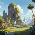 a painting of a landscape with a waterfall and a river with palm trees Jurassic Jungle Jamboree