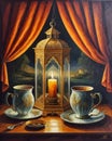 A painting of a lantern and two cups of coffee, cosy enchanted scene.