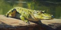 A painting of a large alligator sitting on a rock. Generative AI image.