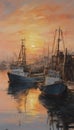 painting of fishing boat in port at sunset Royalty Free Stock Photo