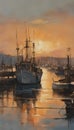 painting of fishing boat in port at sunset Royalty Free Stock Photo