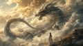 Painting of a large Traditional dark Silver Chinese Dragon flying in the sky with dense and textured clouds