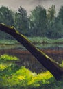 painting large tree on river background in the forest nature