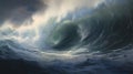 A painting of a large wave breaking on the ocean, AI Royalty Free Stock Photo