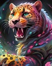painting of a leopard with a colorful background and a black background, panthera pardusped in a colorful painting of a leopard