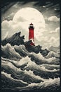 A painting of a lighthouse in the middle of the ocean. Royalty Free Stock Photo