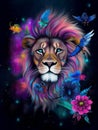 A painting of a lion with feathers and butterflies on black background generative AI