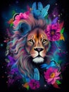 A painting of a lion with feathers and butterflies on black background generative AI