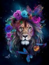 A painting of a lion with feathers and butterflies generative AI