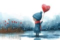 A painting of a little boy holding a heart shaped balloon Royalty Free Stock Photo