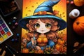 a painting of a little girl dressed as a witch with a broom. generative ai