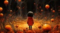 A painting of a little girl standing in a field of pumpkins. Generative AI image. Royalty Free Stock Photo
