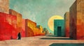 A painting of a lonely figure walking through a colorful and geometric city. AIG51A Royalty Free Stock Photo