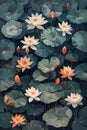 A painting of lotus flowers and lily pads in a pond Royalty Free Stock Photo