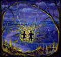 Painting Lovers boy and girl ride on a swing. The rays of love, the night scenery, the blue-violet evening, the light on the trees Royalty Free Stock Photo