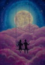 Loving couple ride on swing, male man and girl woman against background of big moon and clouds Royalty Free Stock Photo