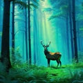 painting of majestic deer standing in the serenity of lush