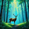 painting of majestic deer standing in the serenity of lush