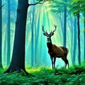 painting of majestic deer standing in the serenity of lush