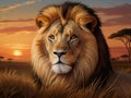 A painting of majestic lion, with whimsical savanna at sunset time, beautiful, tree, charming