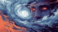 A painting of a man with glowing eyes in the middle of swirling water, AI Royalty Free Stock Photo