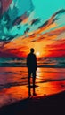 A painting of a man standing on a beach at sunset. AI generative image. Royalty Free Stock Photo