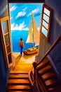 Painting of man standing in doorway looking out at sailboat. Generative AI