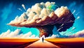 Painting of man walking down road in front of giant cloud. Generative AI Royalty Free Stock Photo