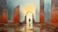 A painting of a man walking through a ruined city, AI