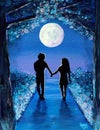 Painting of Man and Woman Walking in Moonlight Royalty Free Stock Photo