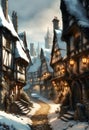 medieval town street in winter with ancient houses covered in snow and christmas greenery decorating houses and
